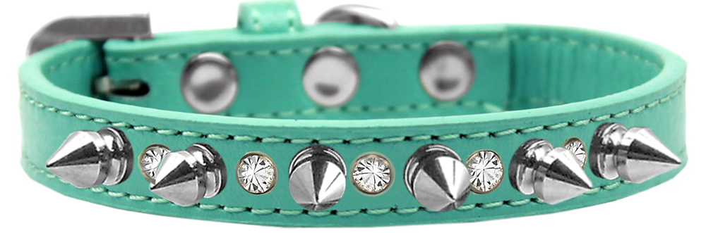 Crystal and Silver Spikes Dog Collar Aqua Size 14